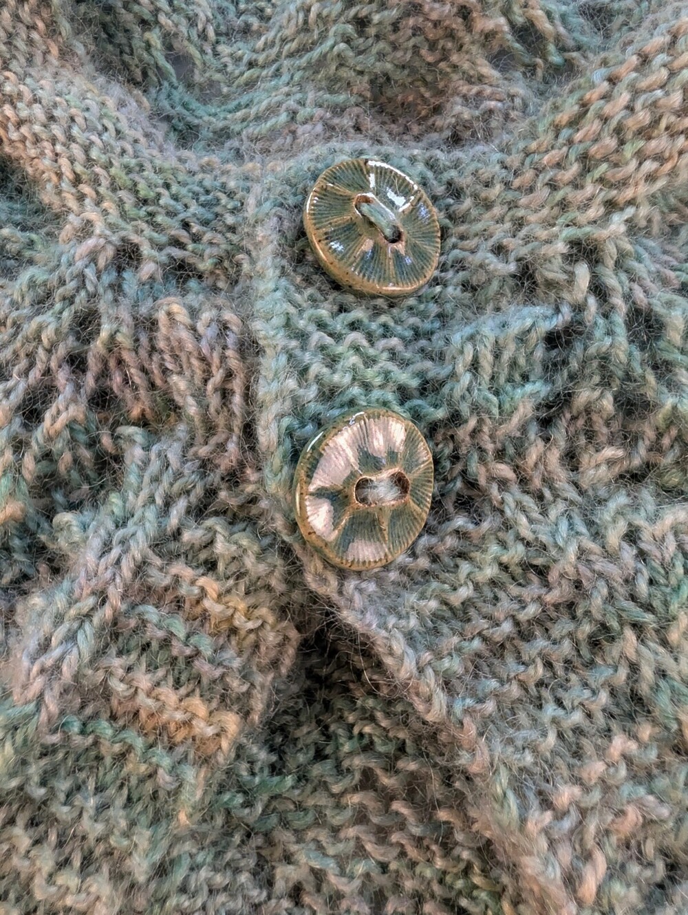 Hand Crafted OOAK Green and Beige Wool Blend Cape Cardigan with Buttons - Picture 6 of 7